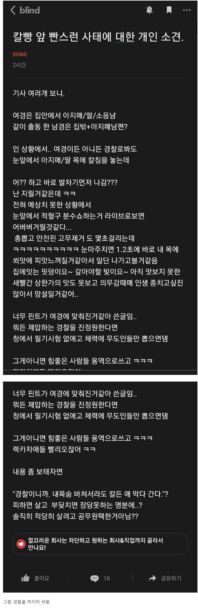 [유머] 도망친 경찰.. 블라인드 내부 반응 -  와이드섬